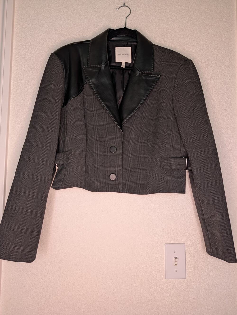 Anthropologie Avec Les Filles Plaid Cropped Faux Leather Blazer 14 Academia Chic